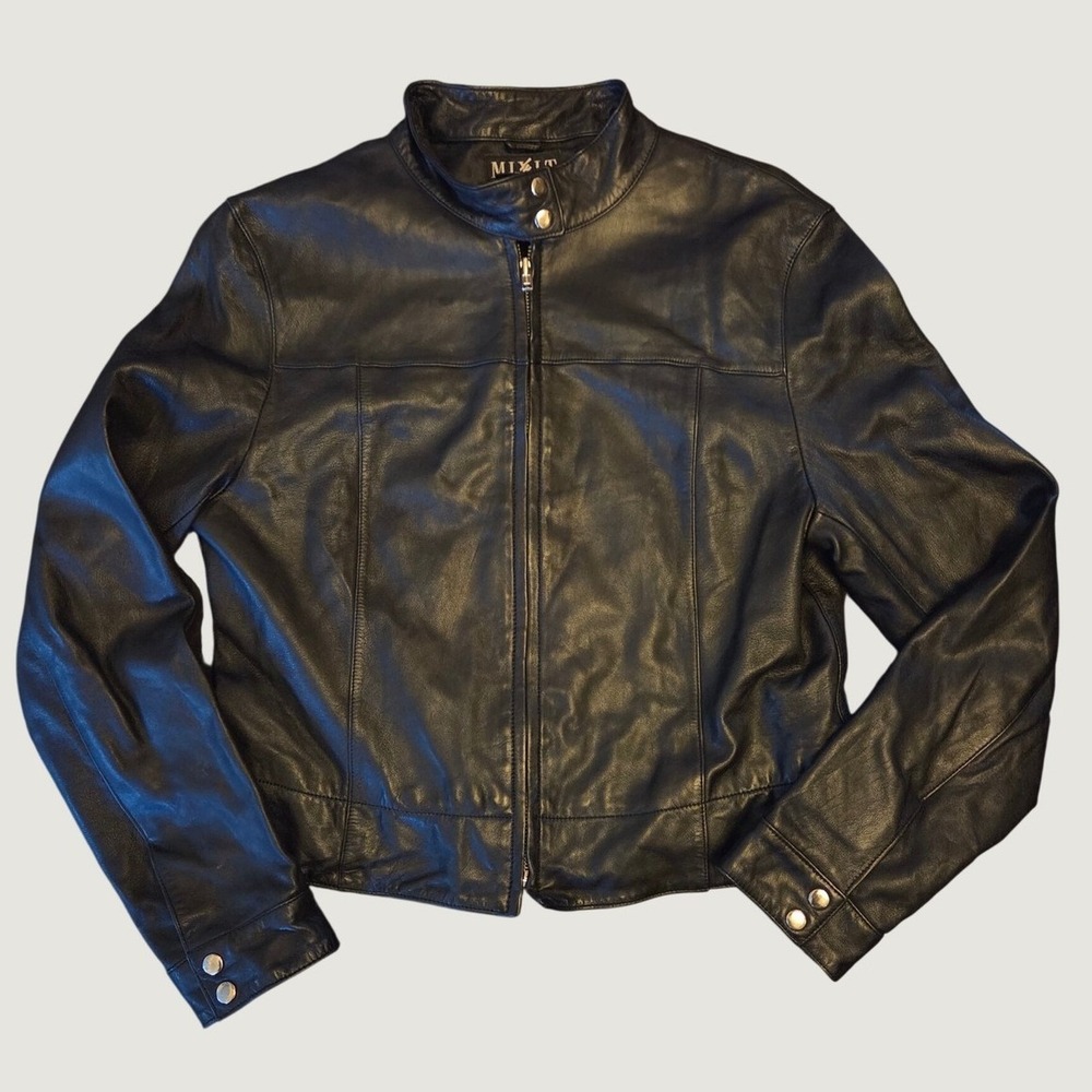 Mixit Womens Black Genuine Lamb Leather Racer Jacket Mock Neck Size 8
